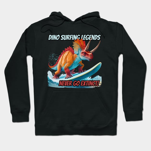 Dinosaur Surfing Funny Hoodie by sovadesignstudio